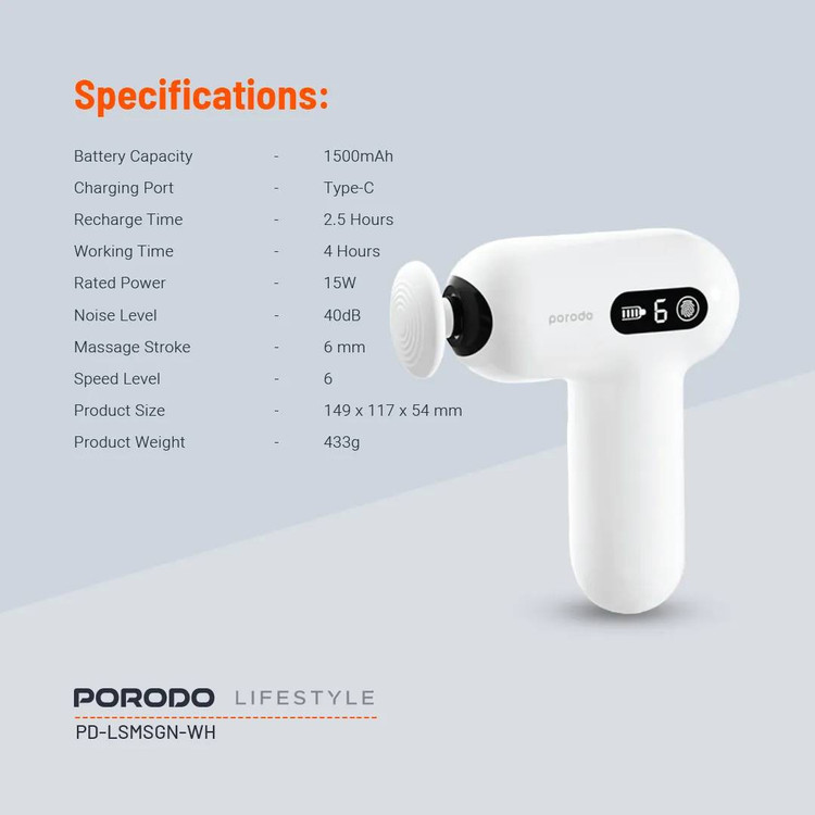 ماساژور تفنگی کوچک و قابل حمل Porodo مدل PD-LSMSGN-WH | ریکاوری عضلات در هر زمان و هر مکان