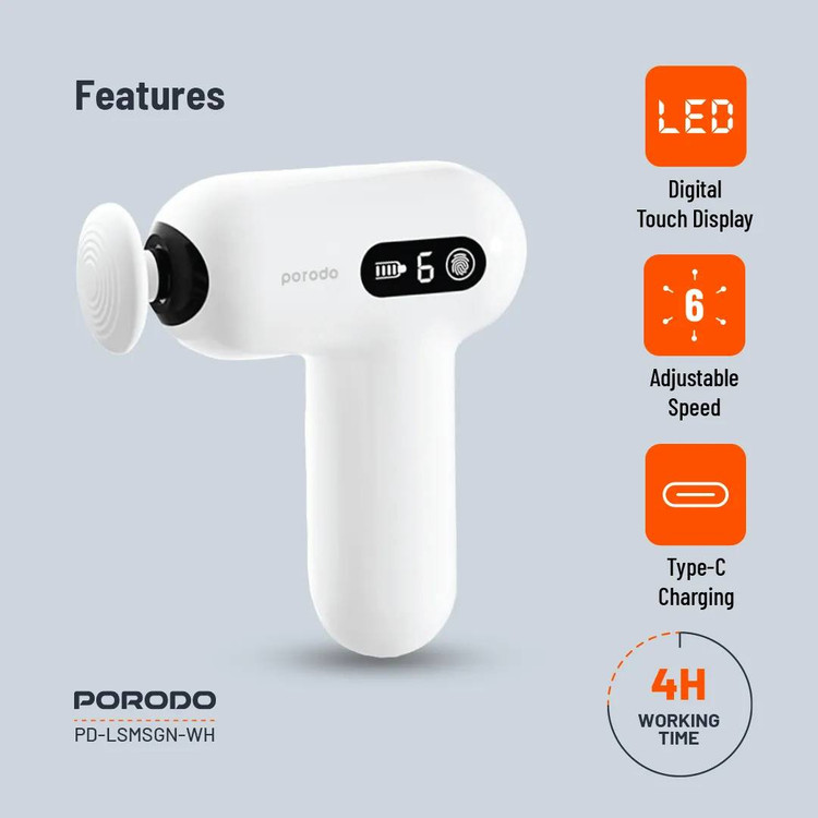 ماساژور تفنگی کوچک و قابل حمل Porodo مدل PD-LSMSGN-WH | ریکاوری عضلات در هر زمان و هر مکان