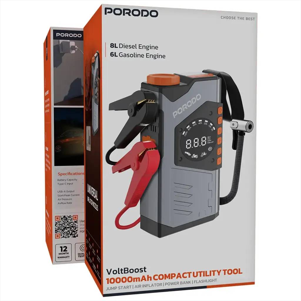 جامپ استارتر چندکاره Porodo مدل VoltBoost PDPBA10GY | یک همراه کامل برای خودرو در شرایط اضطراری