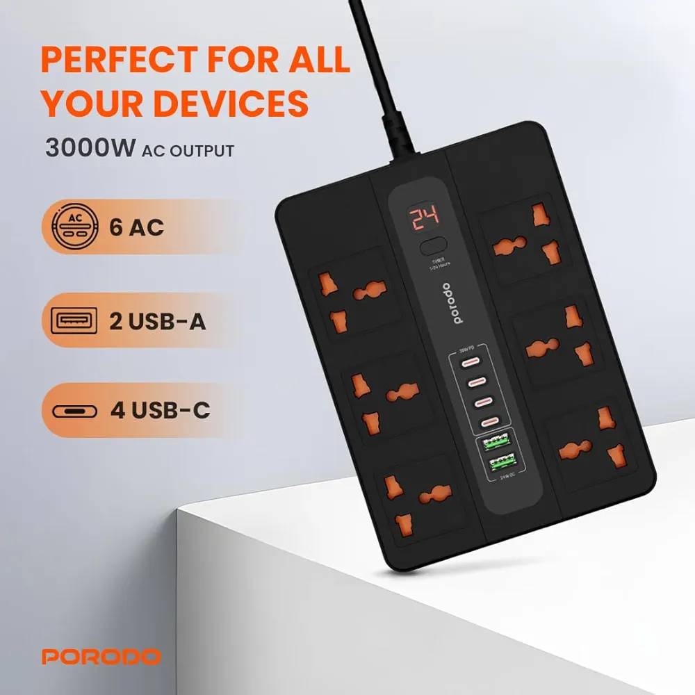 چندراهی برق و هاب شارژر هوشمند Porodo مدل Multi-Port Super Hub | مرکز کامل شارژ و مدیریت برق روی میز کار