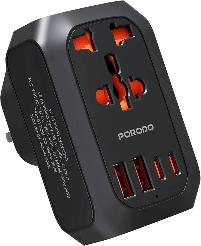 تبدیل برق و شارژر مسافرتی Porodo مدل FWC044 | یک آداپتور جهانی جمع‌وجور برای سفر و استفاده روزمره