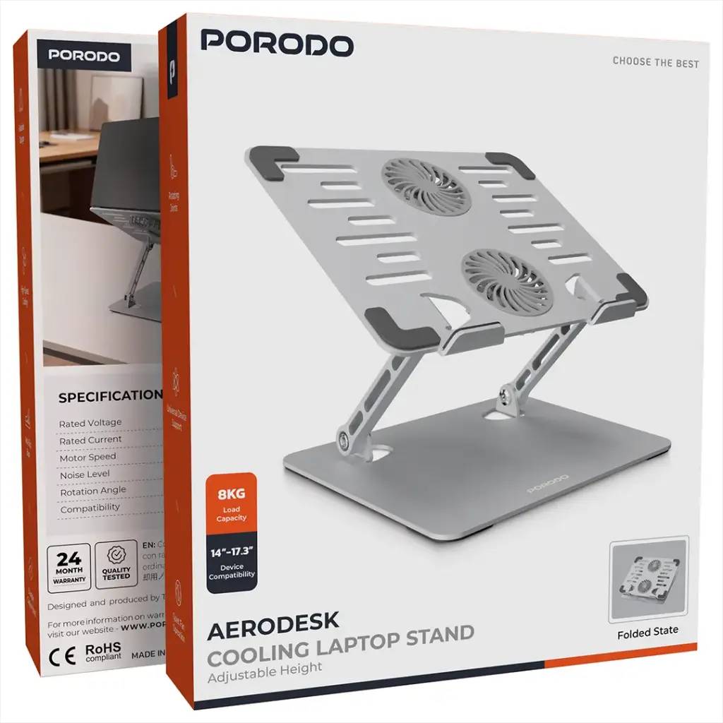 پایه خنک‌کننده و نگهدارنده لپ‌تاپ Porodo مدل AERODESK | ترکیب خنک‌کنندگی و ارگونومی برای استفاده حرفه‌ای