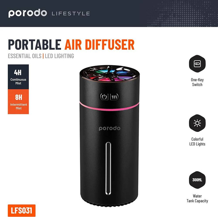 دستگاه بخور سرد و خوشبوکننده معطر خودرو Porodo مدل LFST031 | رطوبتساز شارژی با نورپردازی LED