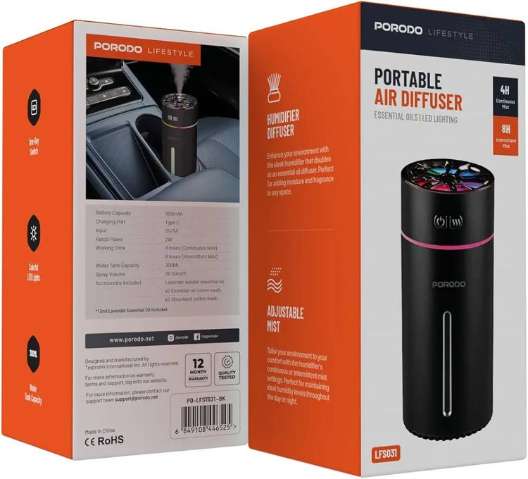 دستگاه بخور سرد و خوشبوکننده معطر خودرو Porodo مدل LFST031 | رطوبتساز شارژی با نورپردازی LED